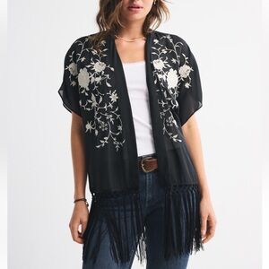 Abercrombie & Fitch Embroidered Fringe Shawl in Black